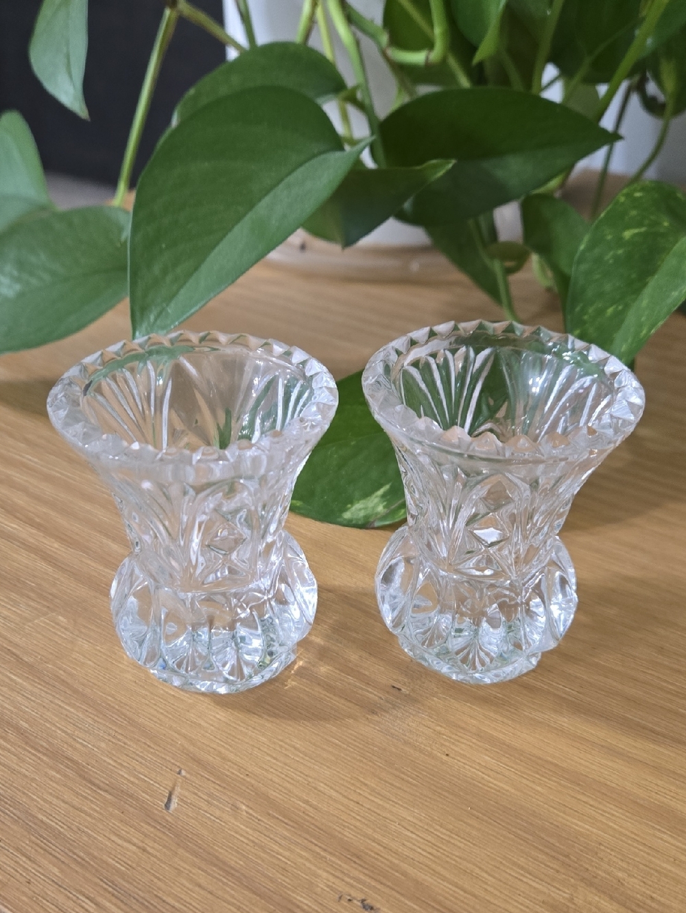 Vintage Cut Glass Toothpick/ Bud Holders With Fan And Vesica Patterns In EUC